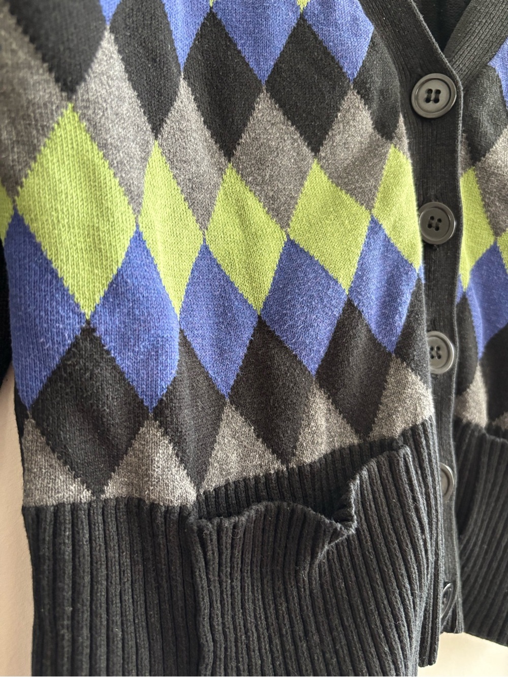 Y2K Argyle V-Neck Cardigan Sweater with Blue & Green Diamonds - Picture 6 of 12